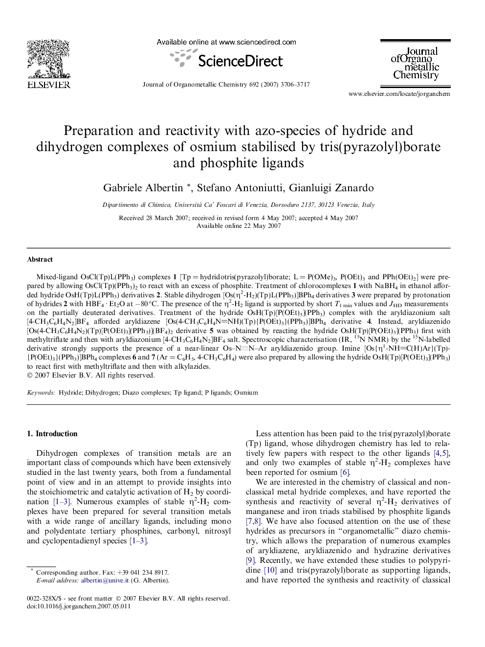 Preparation and reactivity with azo-species of hydride and dihydrogen complexes of osmium stabilised by tris(pyrazolyl)borate and phosphite ligands