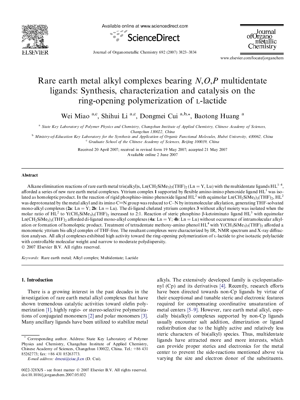 Rare earth metal alkyl complexes bearing N,O,P multidentate ligands: Synthesis, characterization and catalysis on the ring-opening polymerization of l-lactide