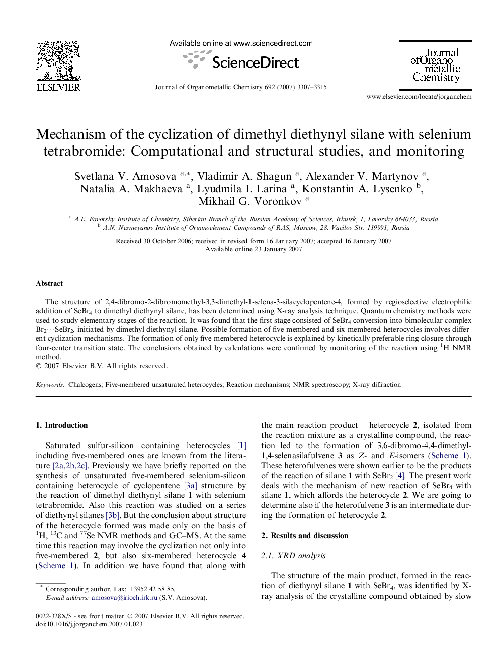 Mechanism of the cyclization of dimethyl diethynyl silane with selenium tetrabromide: Computational and structural studies, and monitoring