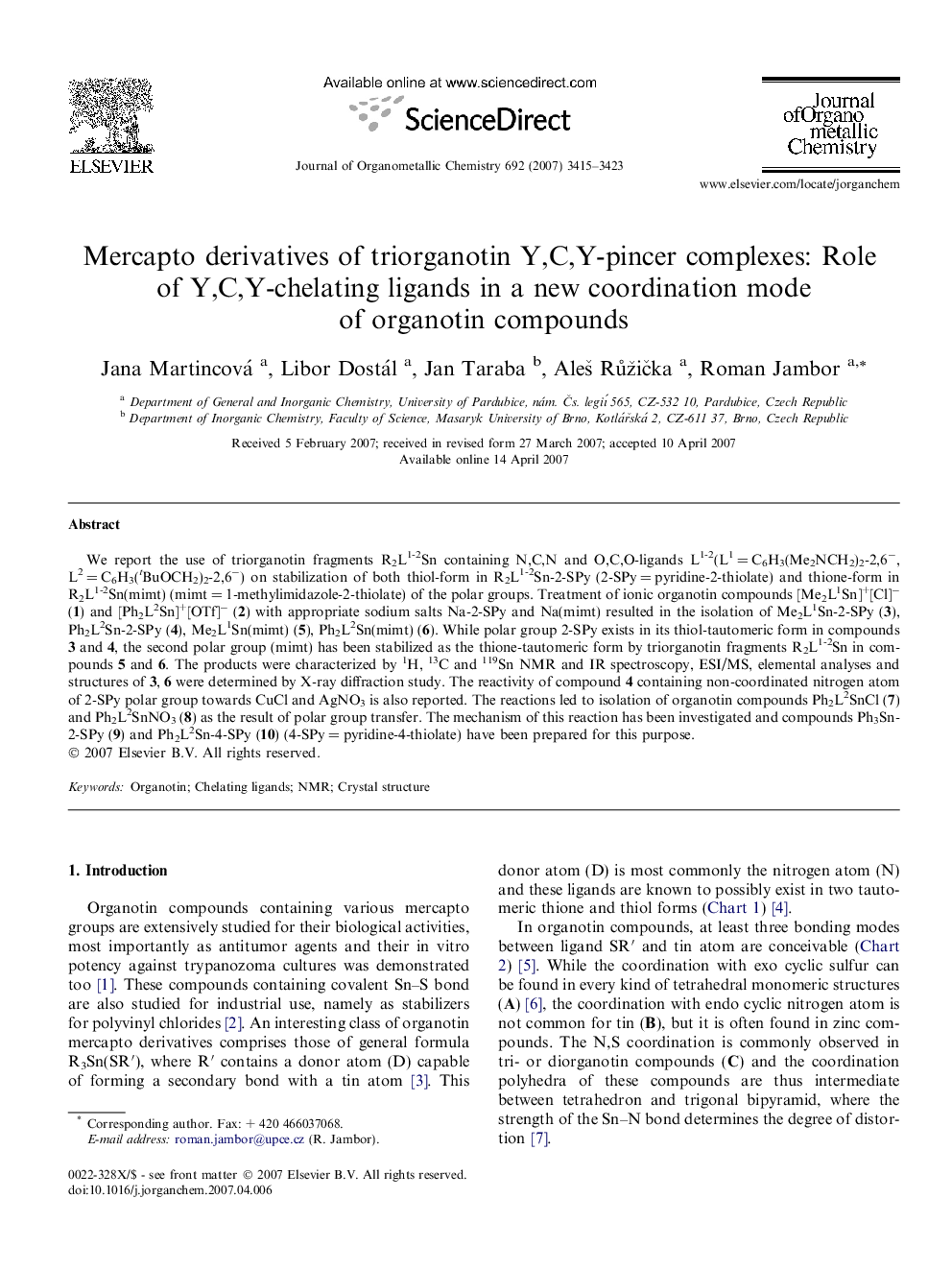 Mercapto derivatives of triorganotin Y,C,Y-pincer complexes: Role of Y,C,Y-chelating ligands in a new coordination mode of organotin compounds