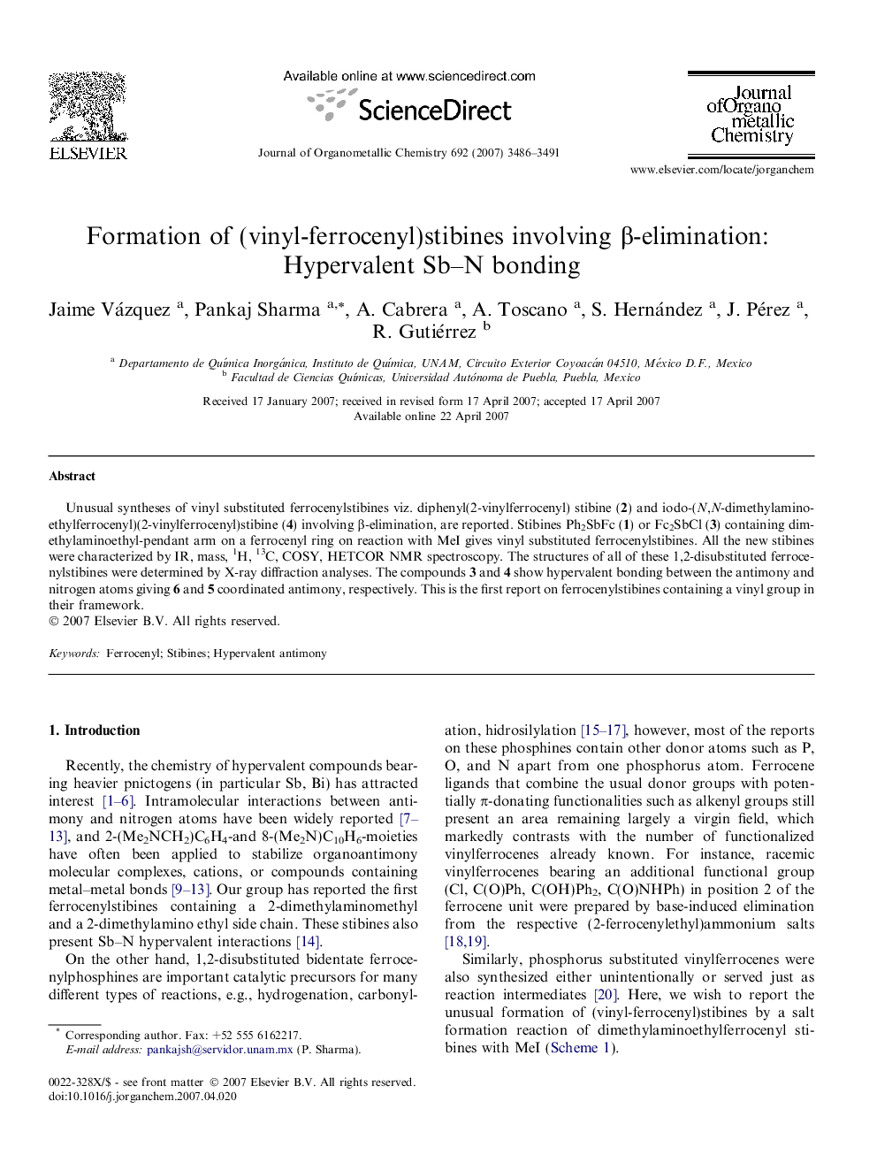 Formation of (vinyl-ferrocenyl)stibines involving β-elimination: Hypervalent Sb–N bonding