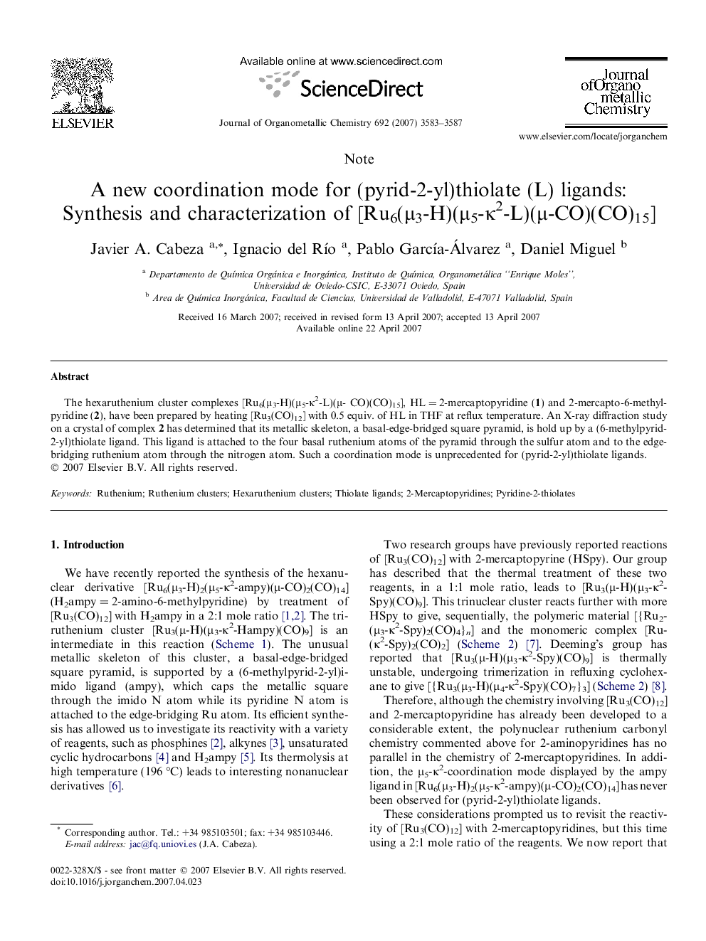 A new coordination mode for (pyrid-2-yl)thiolate (L) ligands: Synthesis and characterization of [Ru6(Î¼3-H)(Î¼5-Îº2-L)(Î¼-CO)(CO)15]