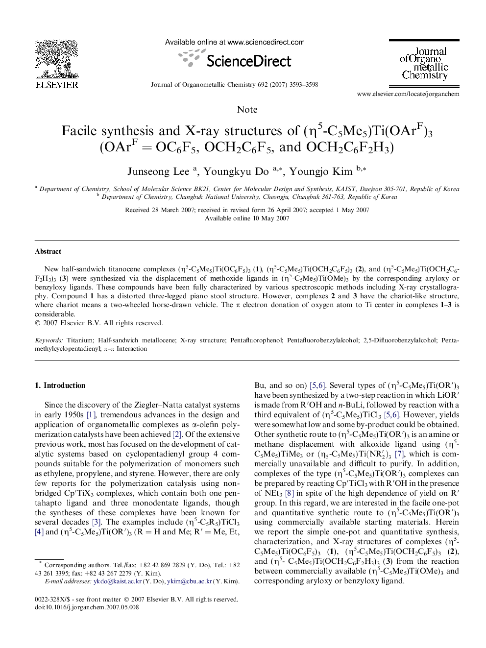 Facile synthesis and X-ray structures of (η5-C5Me5)Ti(OArF)3 (OArF = OC6F5, OCH2C6F5, and OCH2C6F2H3)