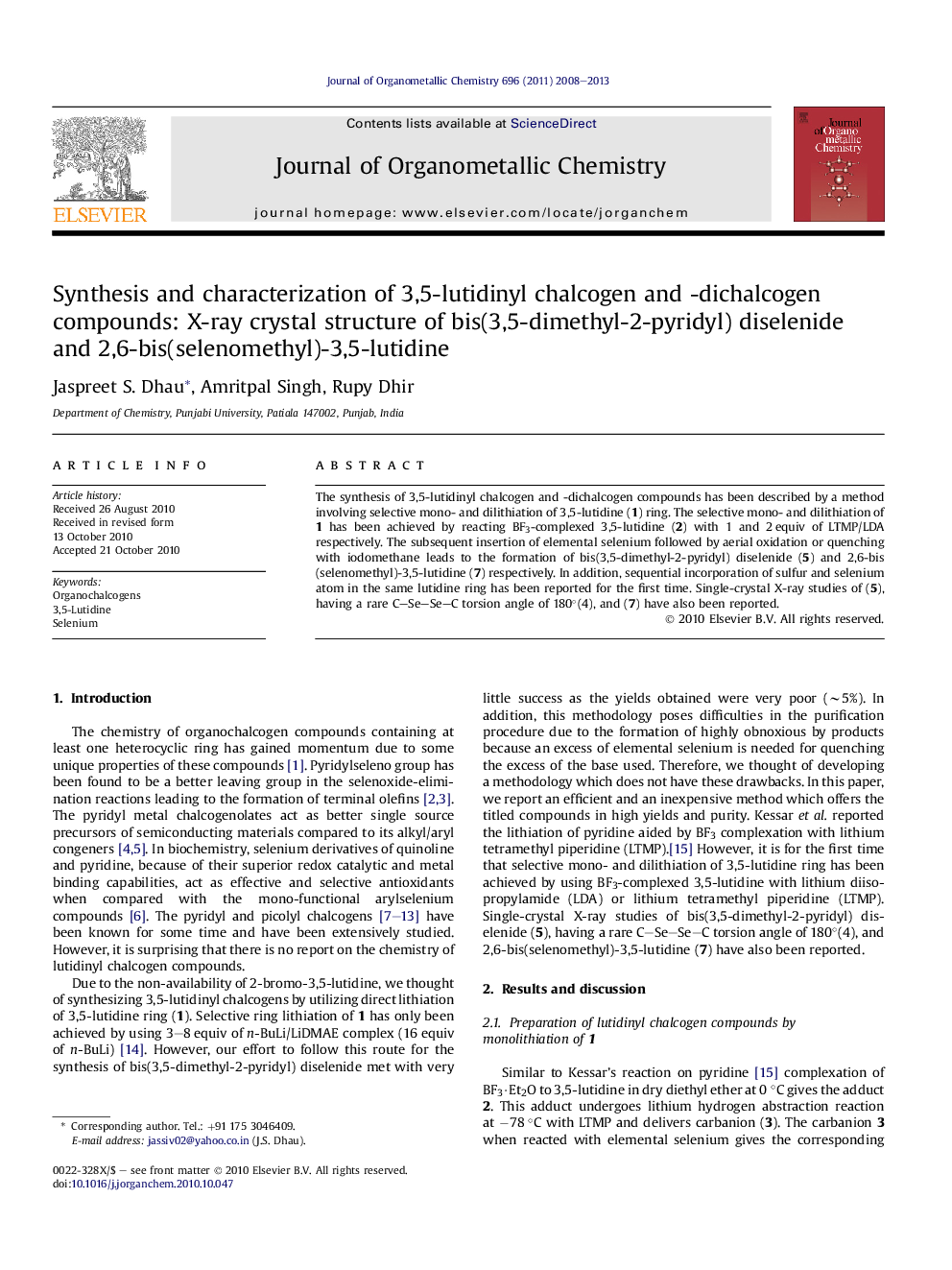 Synthesis and characterization of 3,5-lutidinyl chalcogen and -dichalcogen compounds: X-ray crystal structure of bis(3,5-dimethyl-2-pyridyl) diselenide and 2,6-bis(selenomethyl)-3,5-lutidine