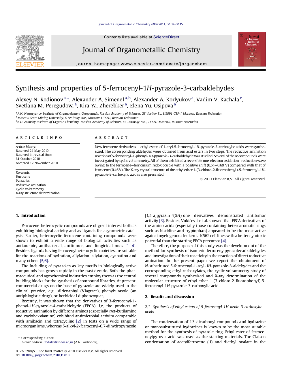 Synthesis and properties of 5-ferrocenyl-1H-pyrazole-3-carbaldehydes