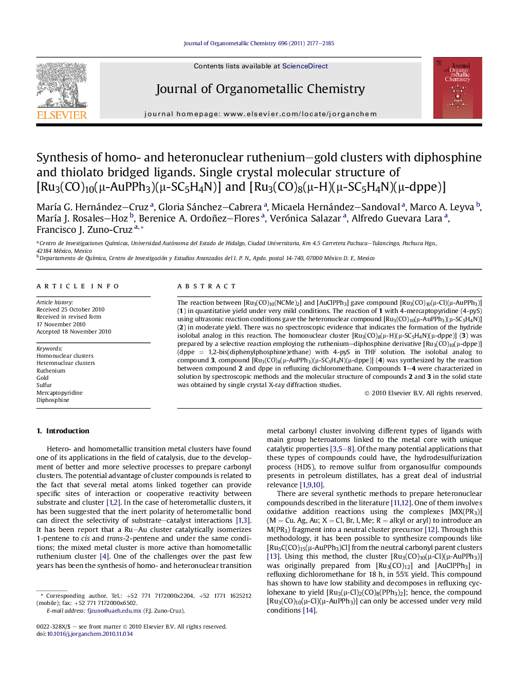 Synthesis of homo- and heteronuclear ruthenium–gold clusters with diphosphine and thiolato bridged ligands. Single crystal molecular structure of [Ru3(CO)10(μ-AuPPh3)(μ-SC5H4N)] and [Ru3(CO)8(μ-H)(μ-SC5H4N)(μ-dppe)]