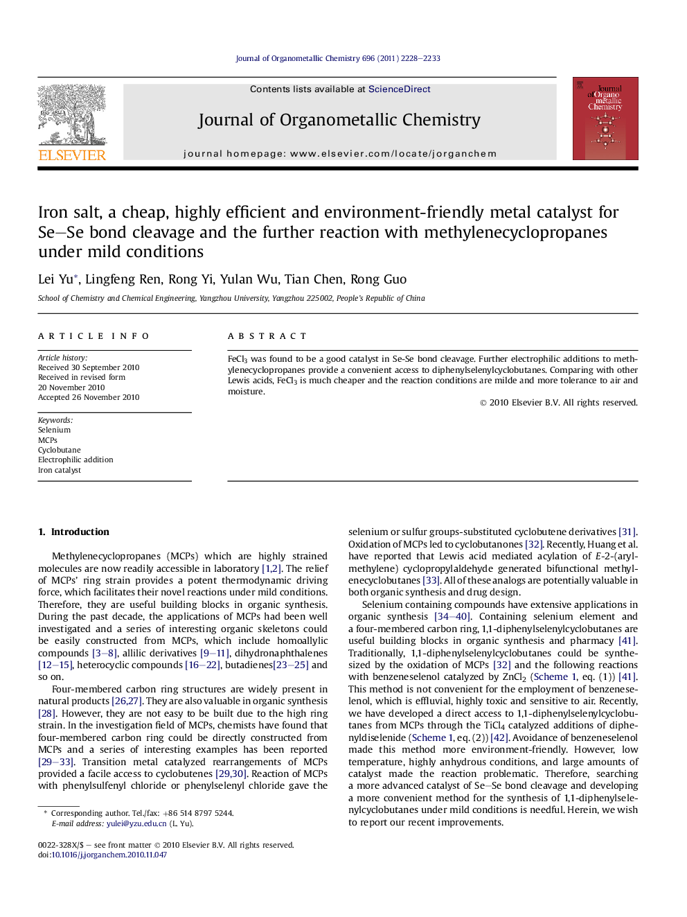 Iron salt, a cheap, highly efficient and environment-friendly metal catalyst for Se–Se bond cleavage and the further reaction with methylenecyclopropanes under mild conditions