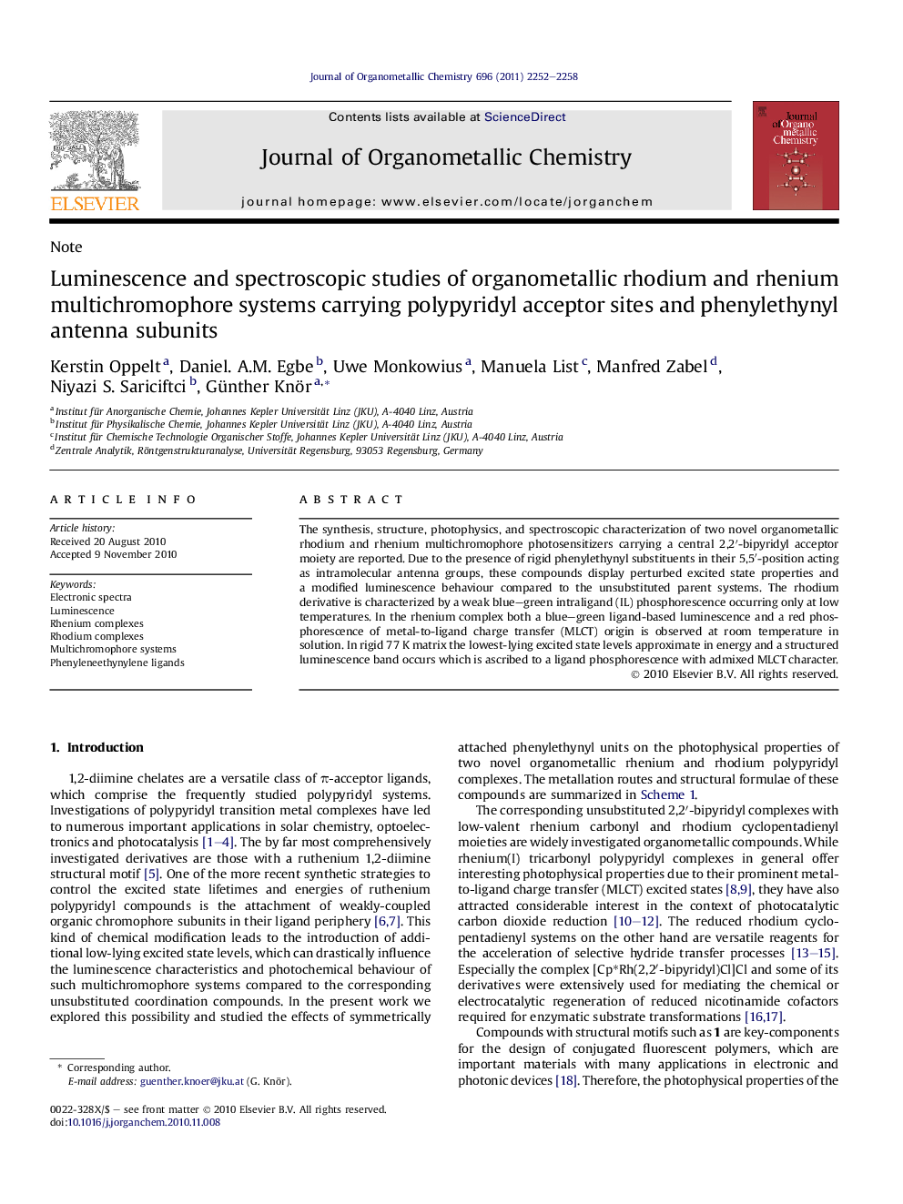 Luminescence and spectroscopic studies of organometallic rhodium and rhenium multichromophore systems carrying polypyridyl acceptor sites and phenylethynyl antenna subunits