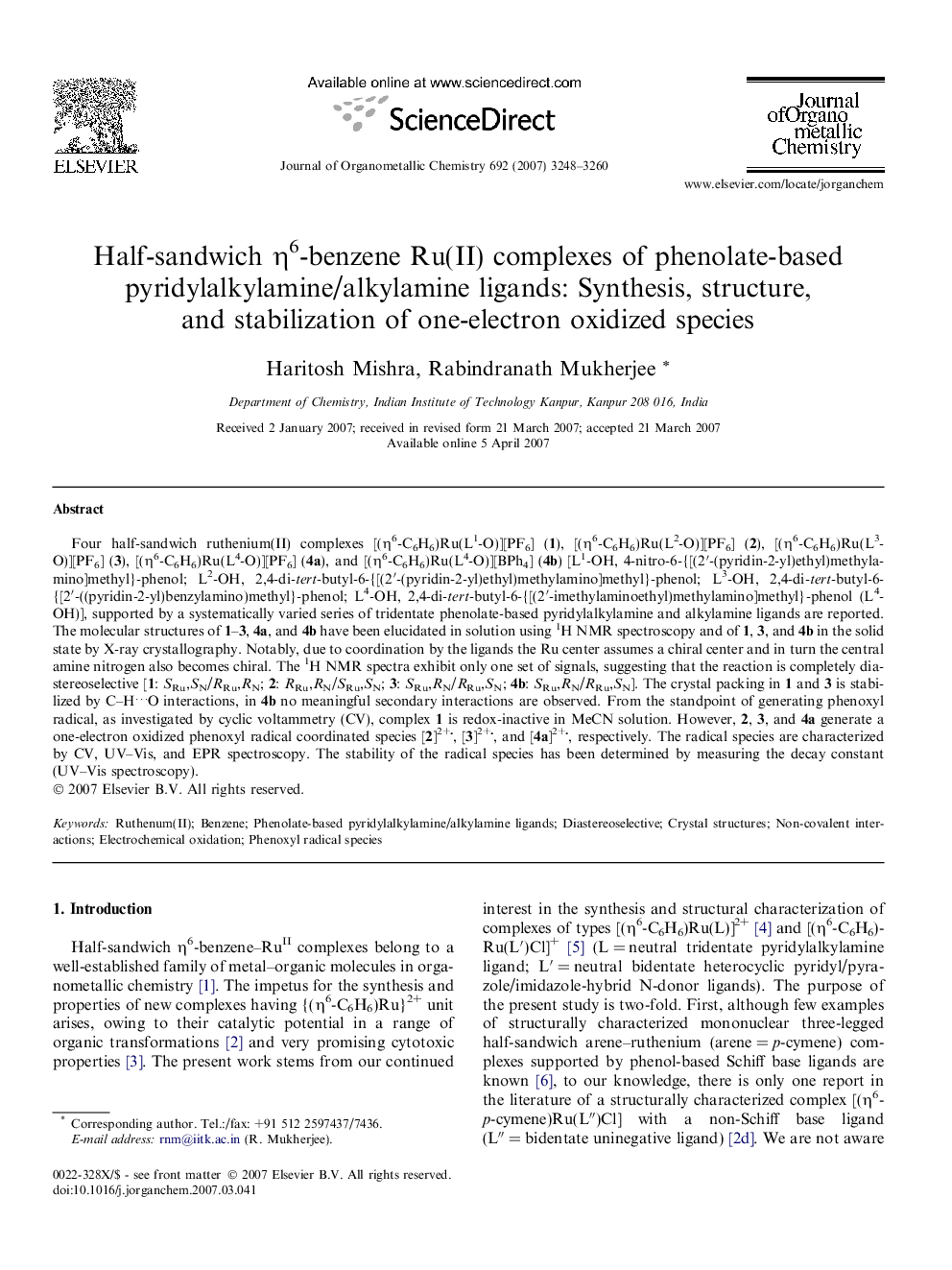 عکس صفحه اول مقاله: Half-sandwich η6-benzene Ru(II) complexes of phenolate-based pyridylalkylamine/alkylamine ligands: Synthesis, structure, and stabilization of one-electron oxidized species Half-sandwich η6-benzene Ru(II) complexes of phenolate-based pyridylalkylamine/alkylamine ligands: Synthesis, structure, and stabilization of one-electron oxidized species