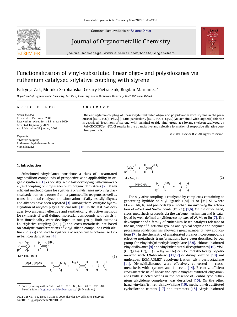 Functionalization of vinyl-substituted linear oligo- and polysiloxanes via ruthenium catalyzed silylative coupling with styrene