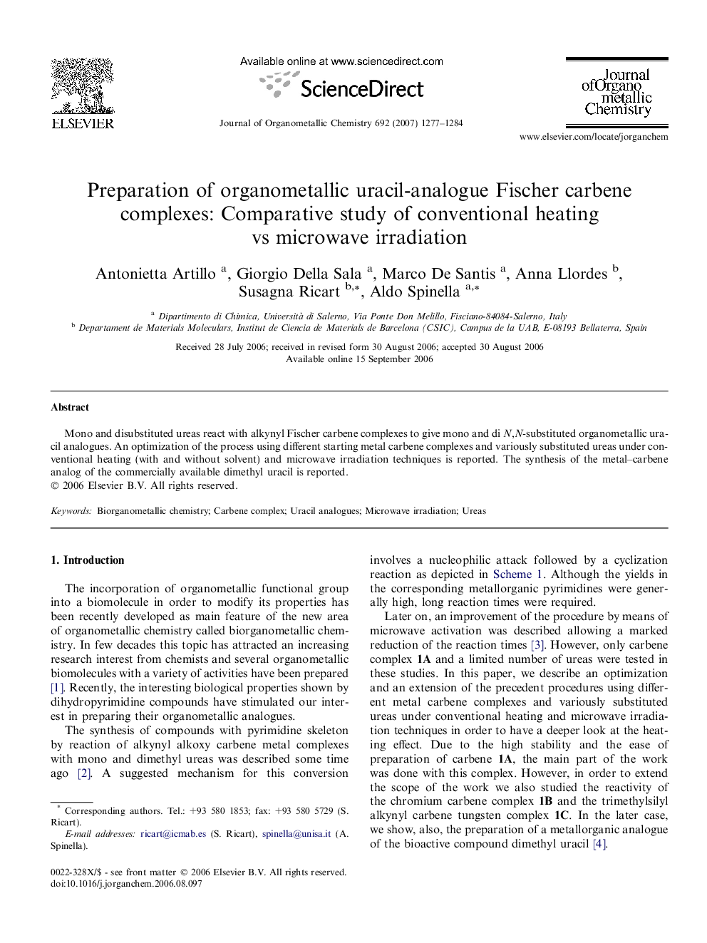 Preparation of organometallic uracil-analogue Fischer carbene complexes: Comparative study of conventional heating vs microwave irradiation