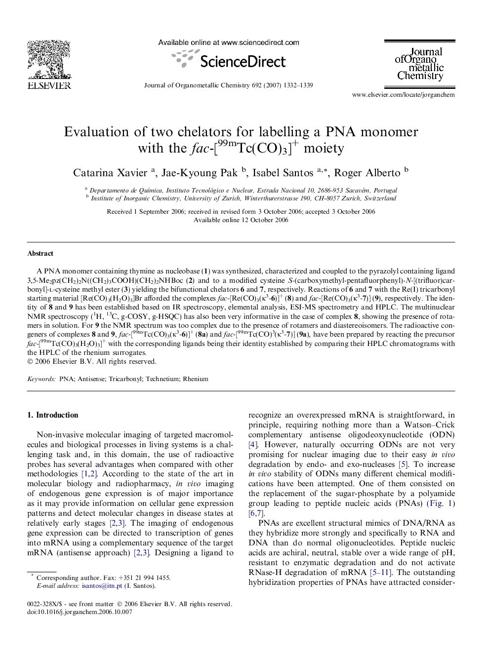 Evaluation of two chelators for labelling a PNA monomer with the fac-[99mTc(CO)3]+ moiety