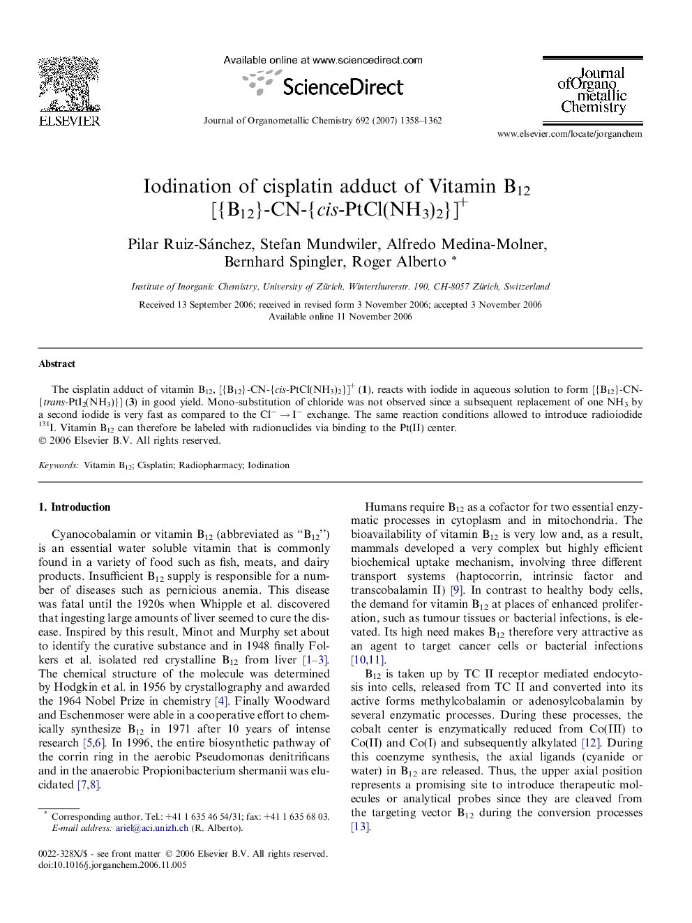 Iodination of cisplatin adduct of Vitamin B12 [{B12}-CN-{cis-PtCl(NH3)2}]+