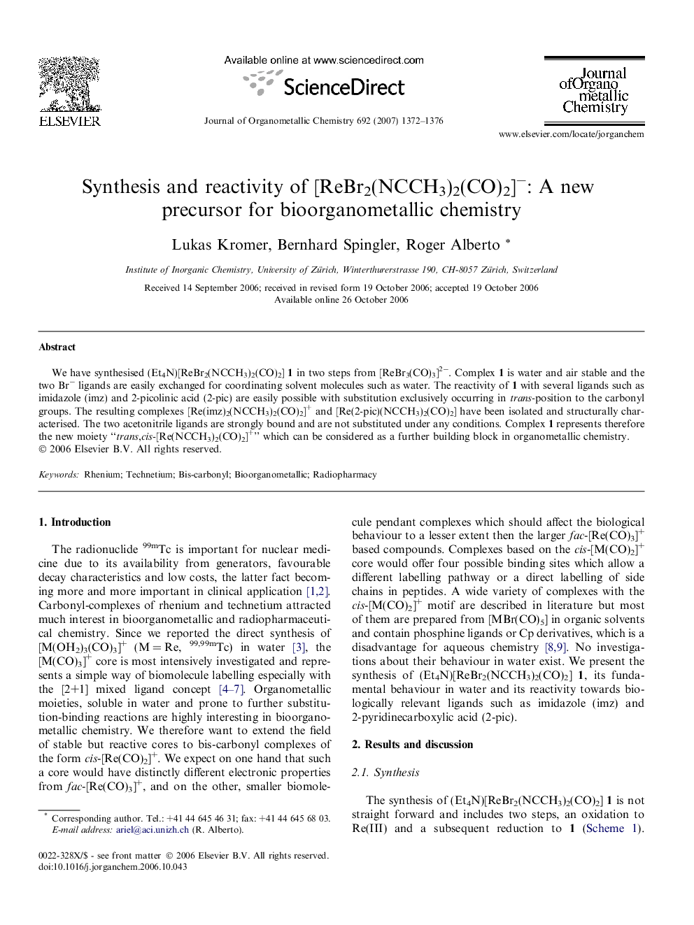 Synthesis and reactivity of [ReBr2(NCCH3)2(CO)2]−: A new precursor for bioorganometallic chemistry