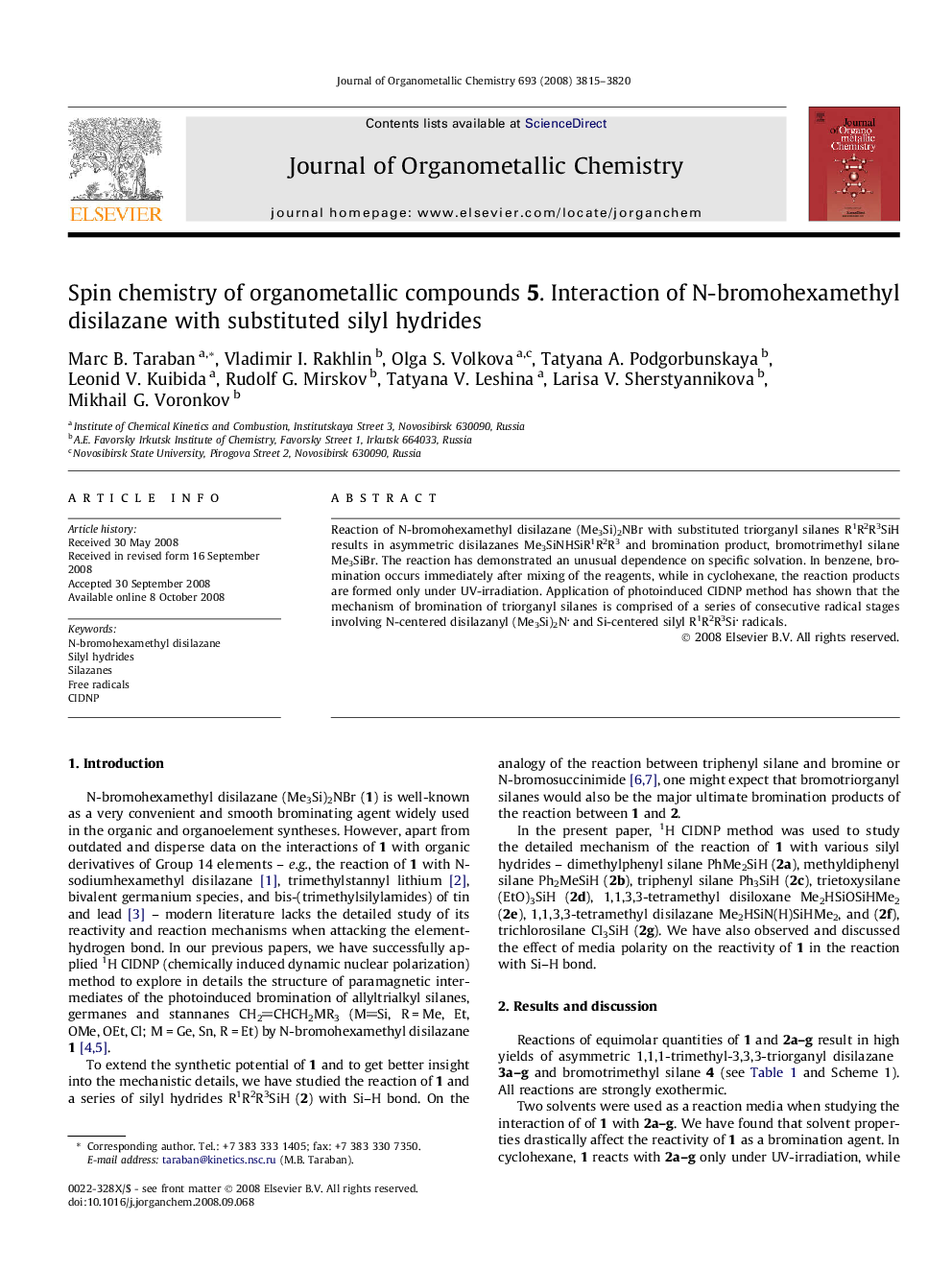 Spin chemistry of organometallic compounds 5. Interaction of N-bromohexamethyl disilazane with substituted silyl hydrides