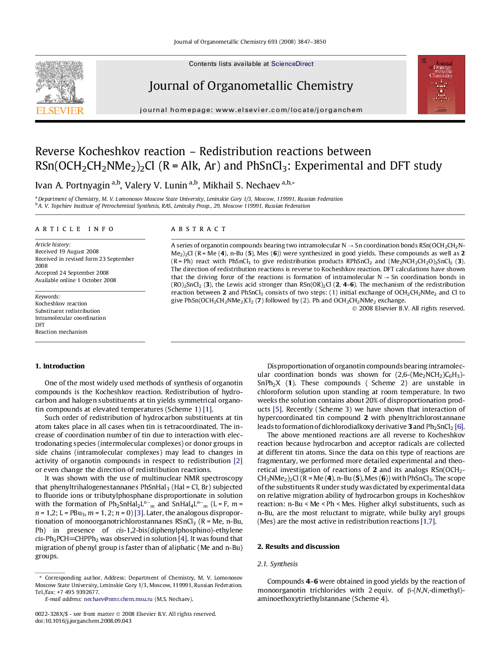 Reverse Kocheshkov reaction – Redistribution reactions between RSn(OCH2CH2NMe2)2Cl (R = Alk, Ar) and PhSnCl3: Experimental and DFT study