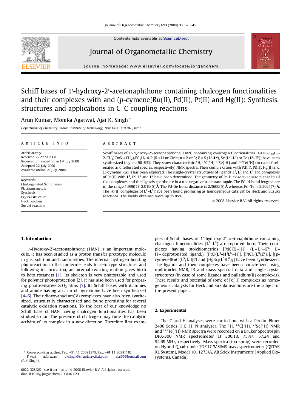 Schiff bases of 1′-hydroxy-2′-acetonaphthone containing chalcogen functionalities and their complexes with and (p-cymene)Ru(II), Pd(II), Pt(II) and Hg(II): Synthesis, structures and applications in C–C coupling reactions