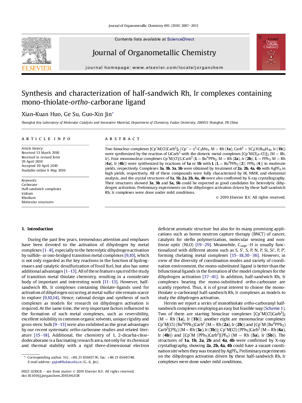 Synthesis and characterization of half-sandwich Rh, Ir complexes containing mono-thiolate-ortho-carborane ligand