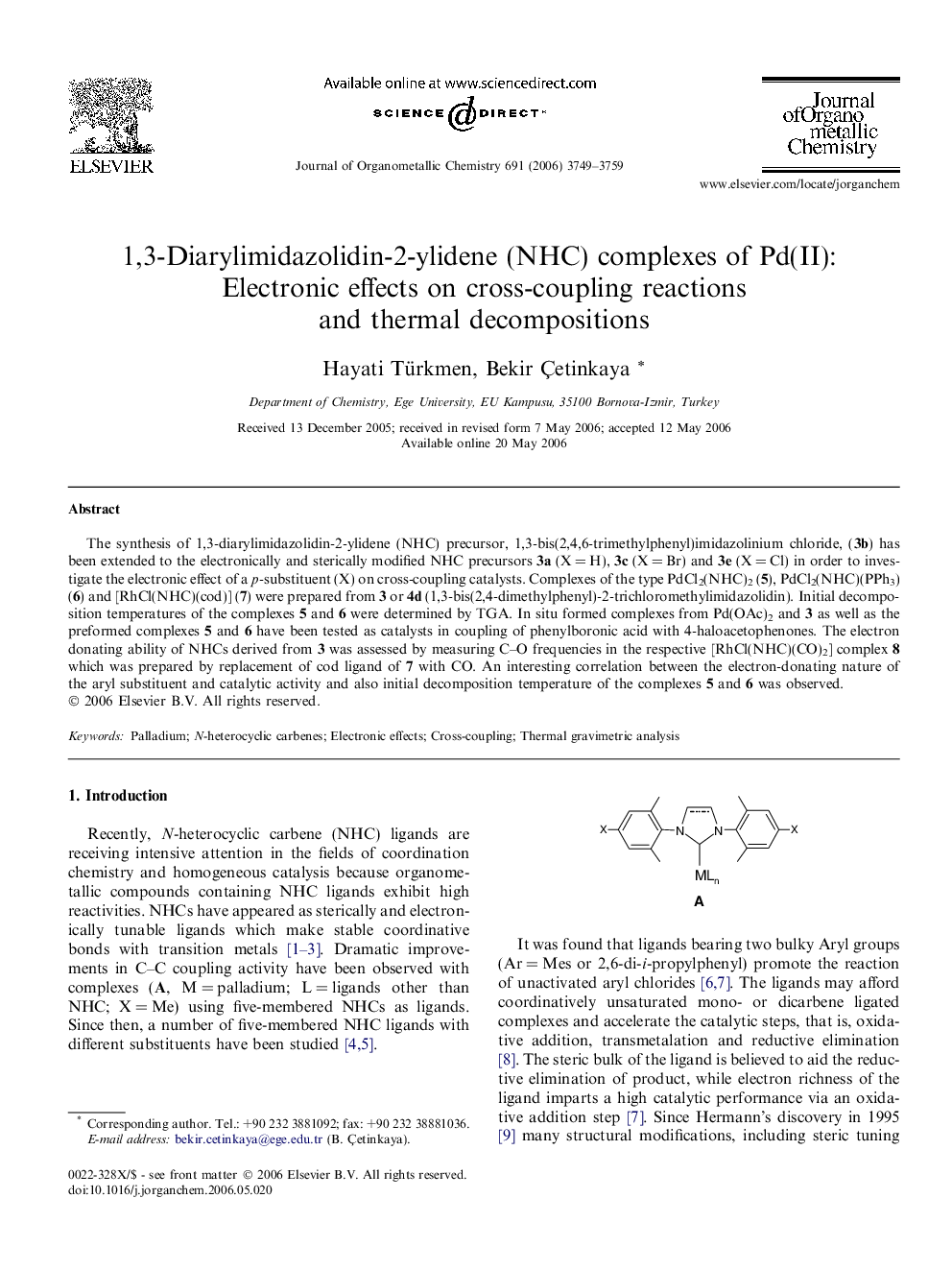 1,3-Diarylimidazolidin-2-ylidene (NHC) complexes of Pd(II): Electronic effects on cross-coupling reactions and thermal decompositions