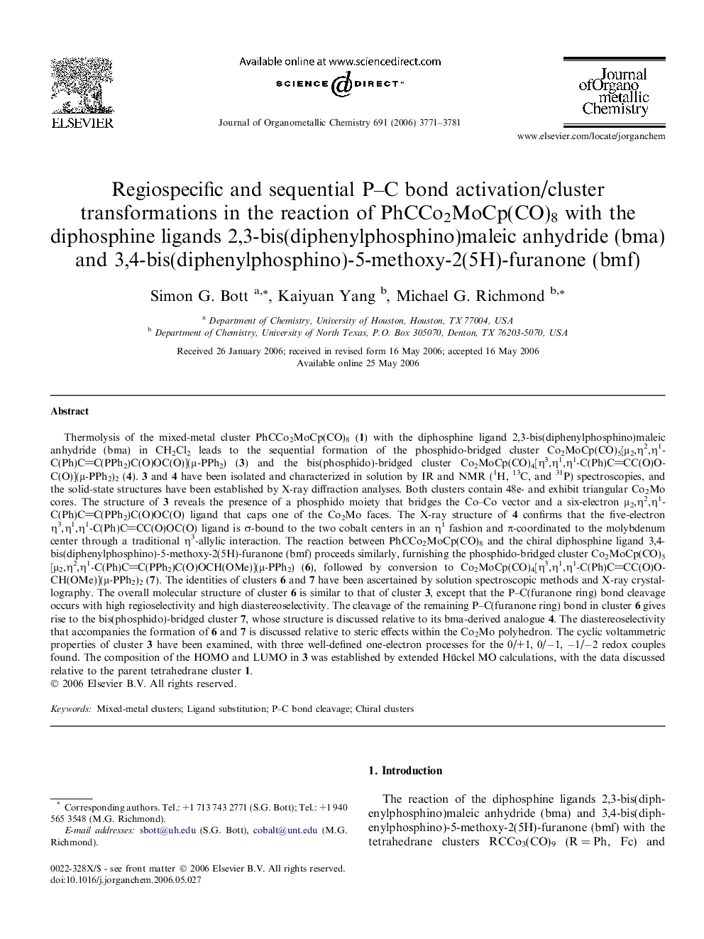 Regiospecific and sequential P-C bond activation/cluster transformations in the reaction of PhCCo2MoCp(CO)8 with the diphosphine ligands 2,3-bis(diphenylphosphino)maleic anhydride (bma) and 3,4-bis(diphenylphosphino)-5-methoxy-2(5H)-furanone (bmf)