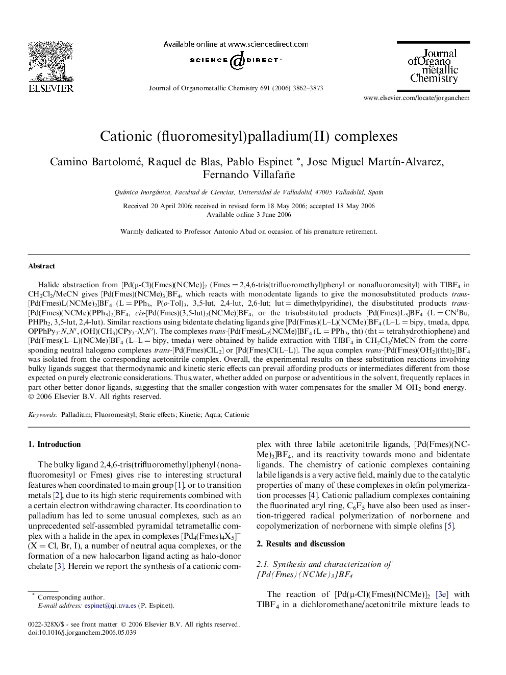 Cationic (fluoromesityl)palladium(II) complexes