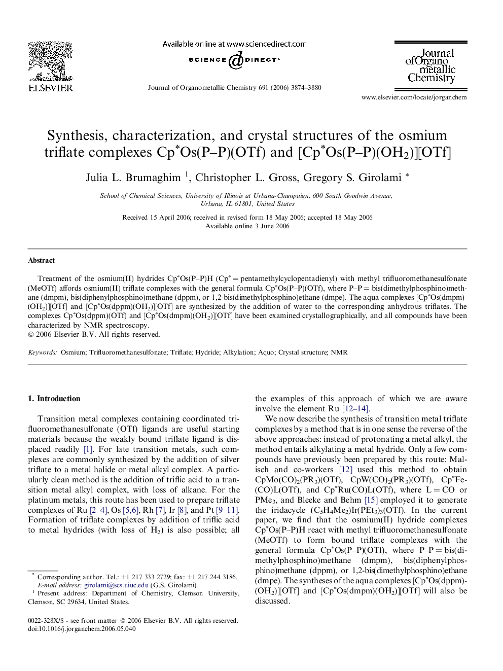 Synthesis, characterization, and crystal structures of the osmium triflate complexes Cp∗Os(P–P)(OTf) and [Cp∗Os(P–P)(OH2)][OTf]