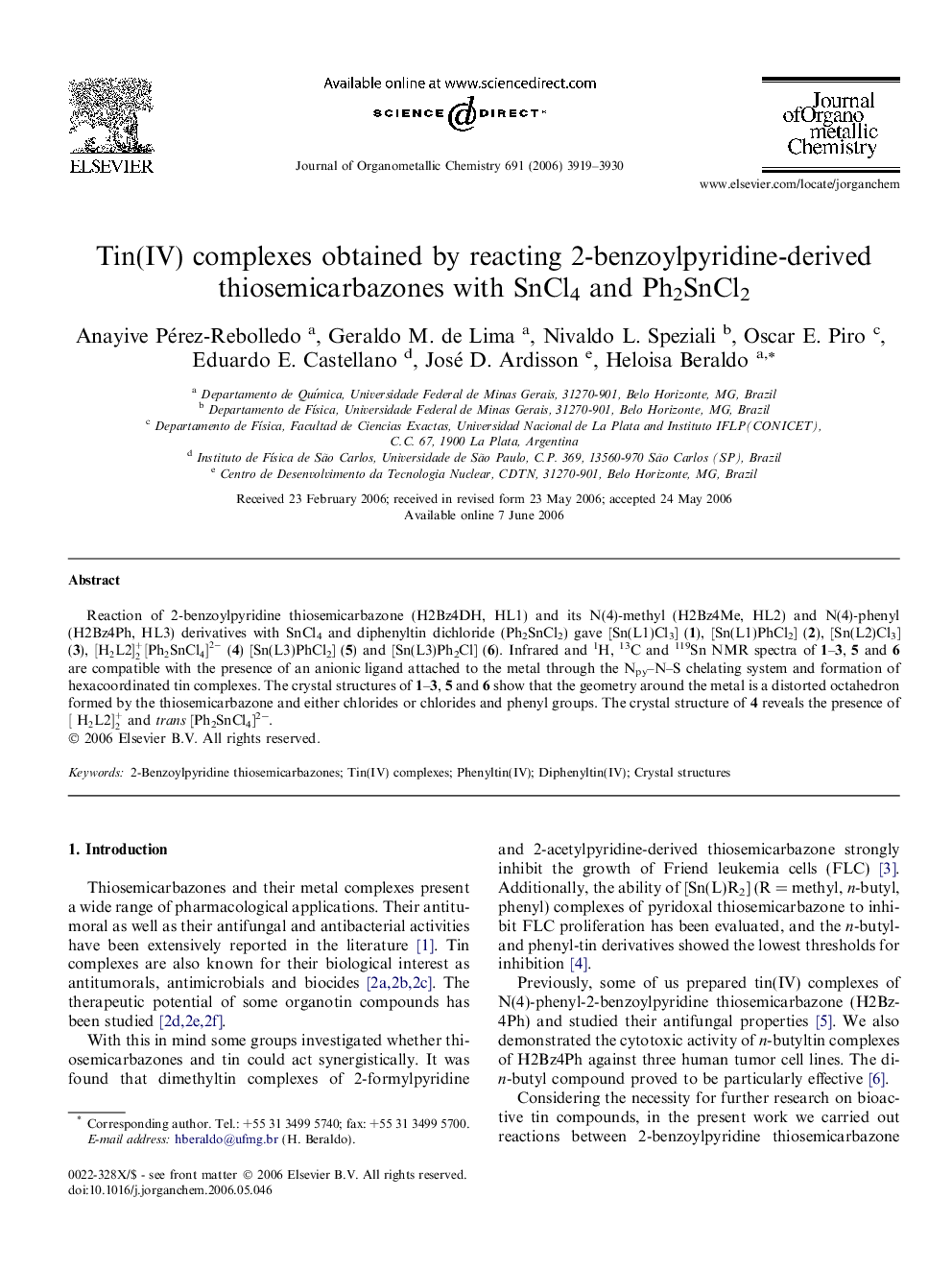 Tin(IV) complexes obtained by reacting 2-benzoylpyridine-derived thiosemicarbazones with SnCl4 and Ph2SnCl2