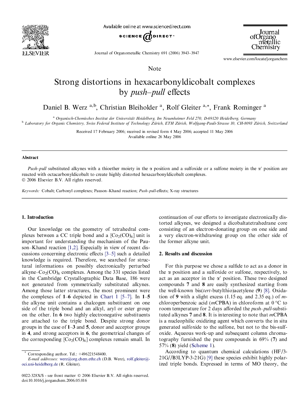 Strong distortions in hexacarbonyldicobalt complexes by push–pull effects