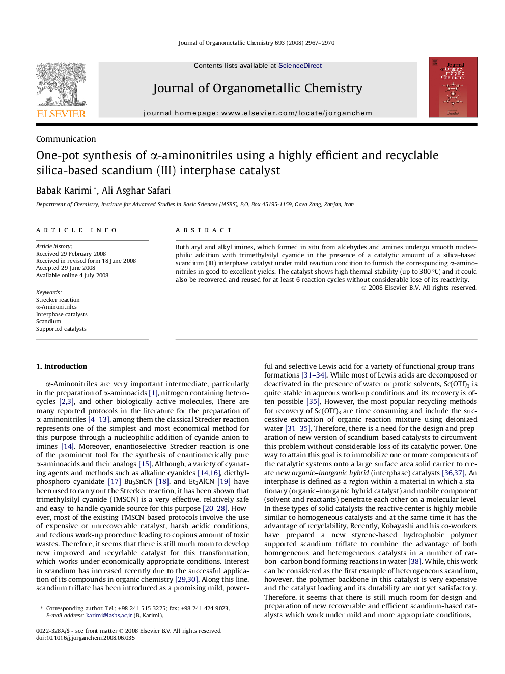 One-pot synthesis of α-aminonitriles using a highly efficient and recyclable silica-based scandium (III) interphase catalyst