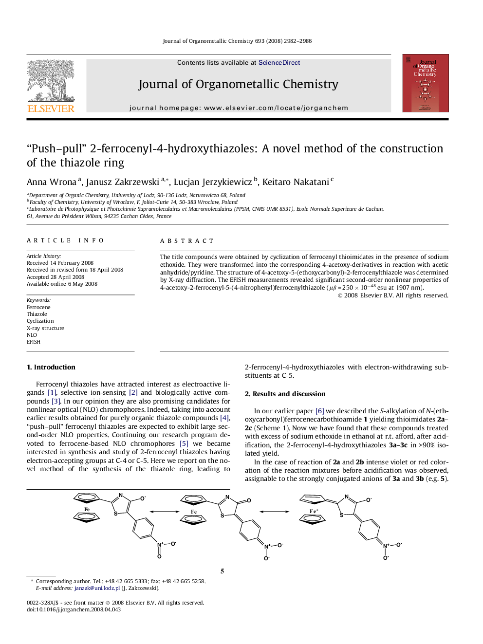 “Push-pull” 2-ferrocenyl-4-hydroxythiazoles: A novel method of the construction of the thiazole ring
