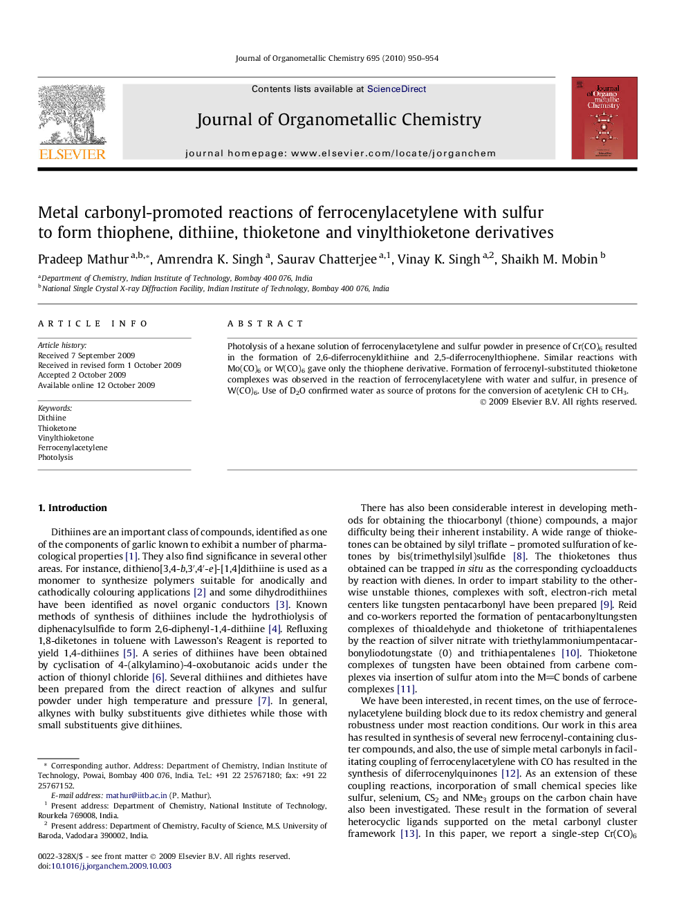 عکس صفحه اول مقاله: Metal carbonyl-promoted reactions of ferrocenylacetylene with sulfur to form thiophene, dithiine, thioketone and vinylthioketone derivatives Metal carbonyl-promoted reactions of ferrocenylacetylene with sulfur to form thiophene, dithiine, thioketone and vinylthioketone derivatives