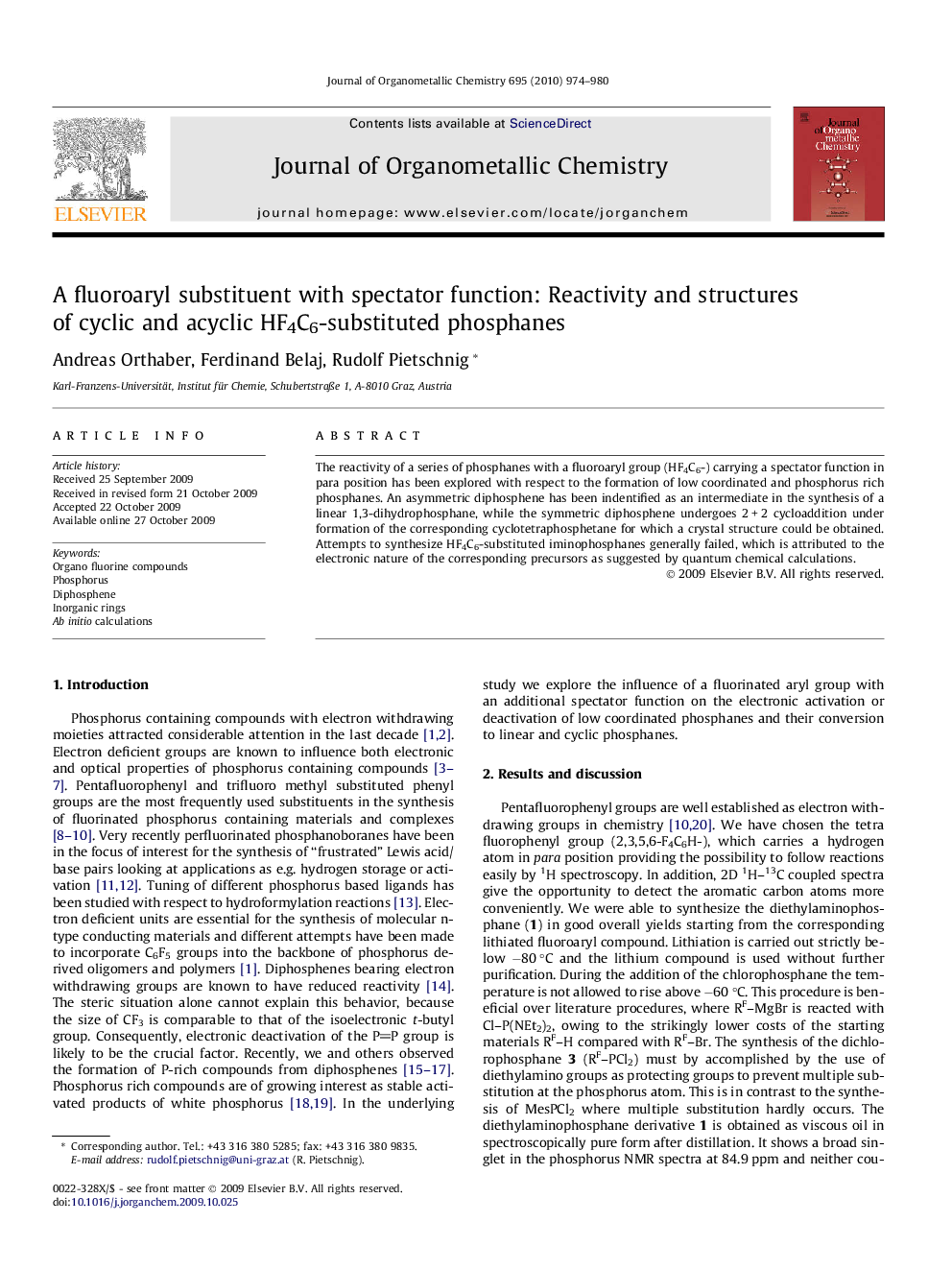 عکس صفحه اول مقاله: A fluoroaryl substituent with spectator function: Reactivity and structures of cyclic and acyclic HF4C6-substituted phosphanes A fluoroaryl substituent with spectator function: Reactivity and structures of cyclic and acyclic HF4C6-substituted phosphanes