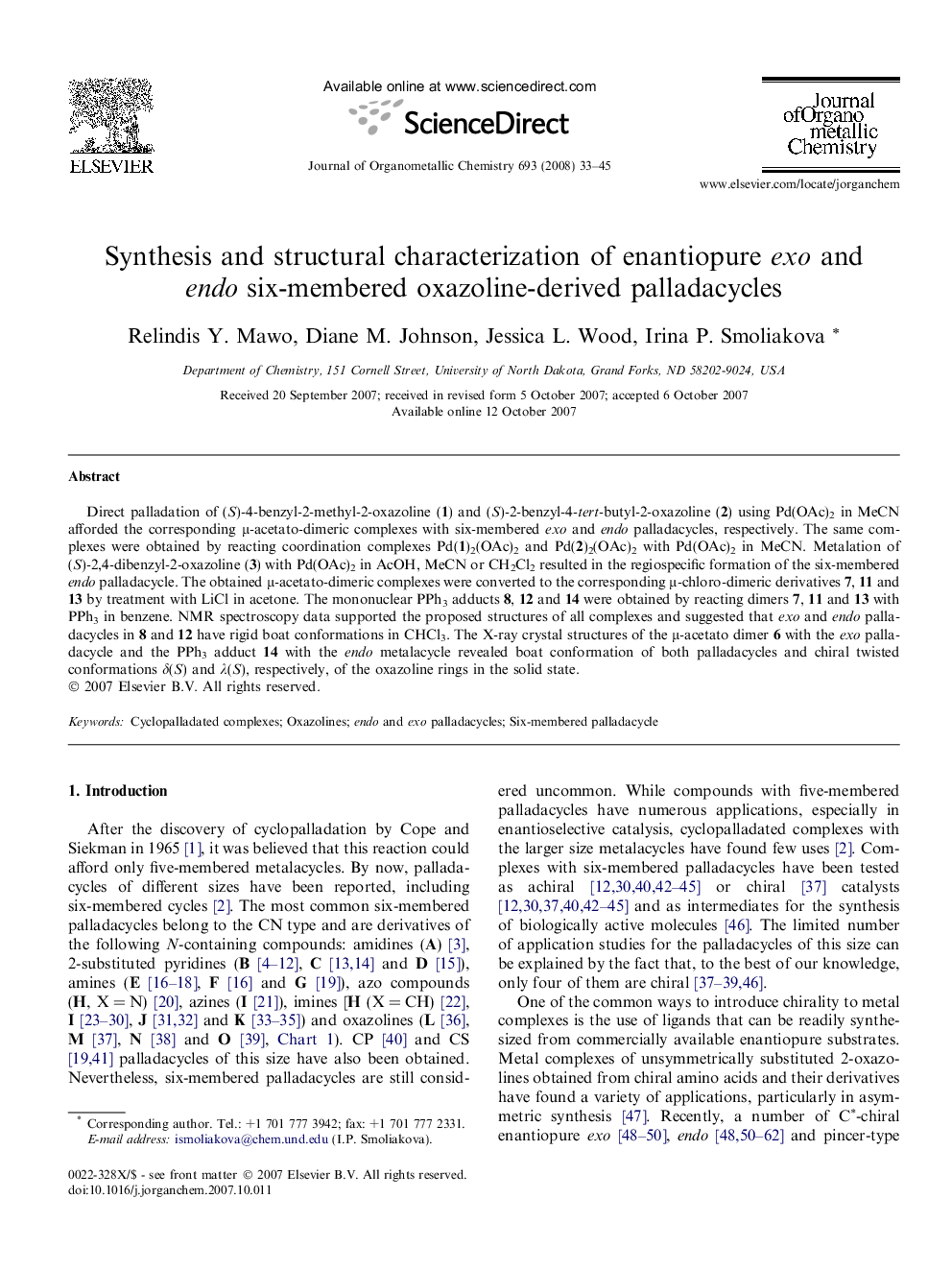 Synthesis and structural characterization of enantiopure exo and endo six-membered oxazoline-derived palladacycles