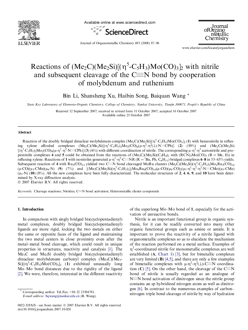 Reactions of (Me2C)(Me2Si)[(η5-C5H3)Mo(CO)3]2 with nitrile and subsequent cleavage of the CN bond by cooperation of molybdenum and ruthenium