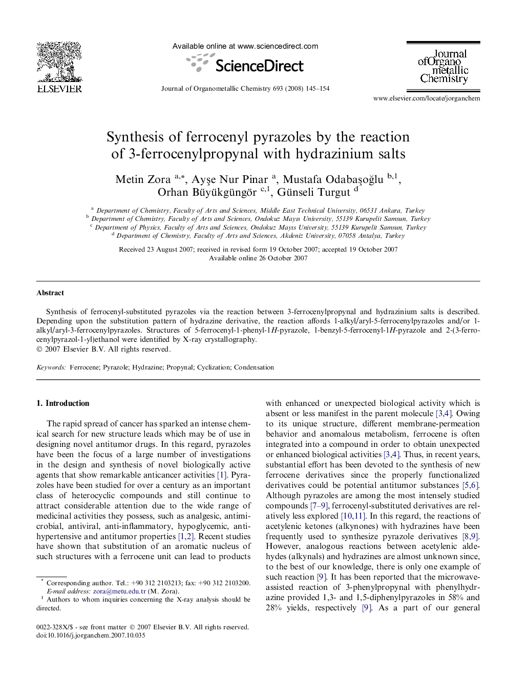 Synthesis of ferrocenyl pyrazoles by the reaction of 3-ferrocenylpropynal with hydrazinium salts