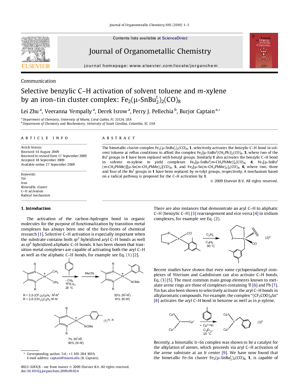 Selective benzylic C–H activation of solvent toluene and m-xylene by an iron–tin cluster complex: Fe2(μ-SnBu2t)2(CO)8