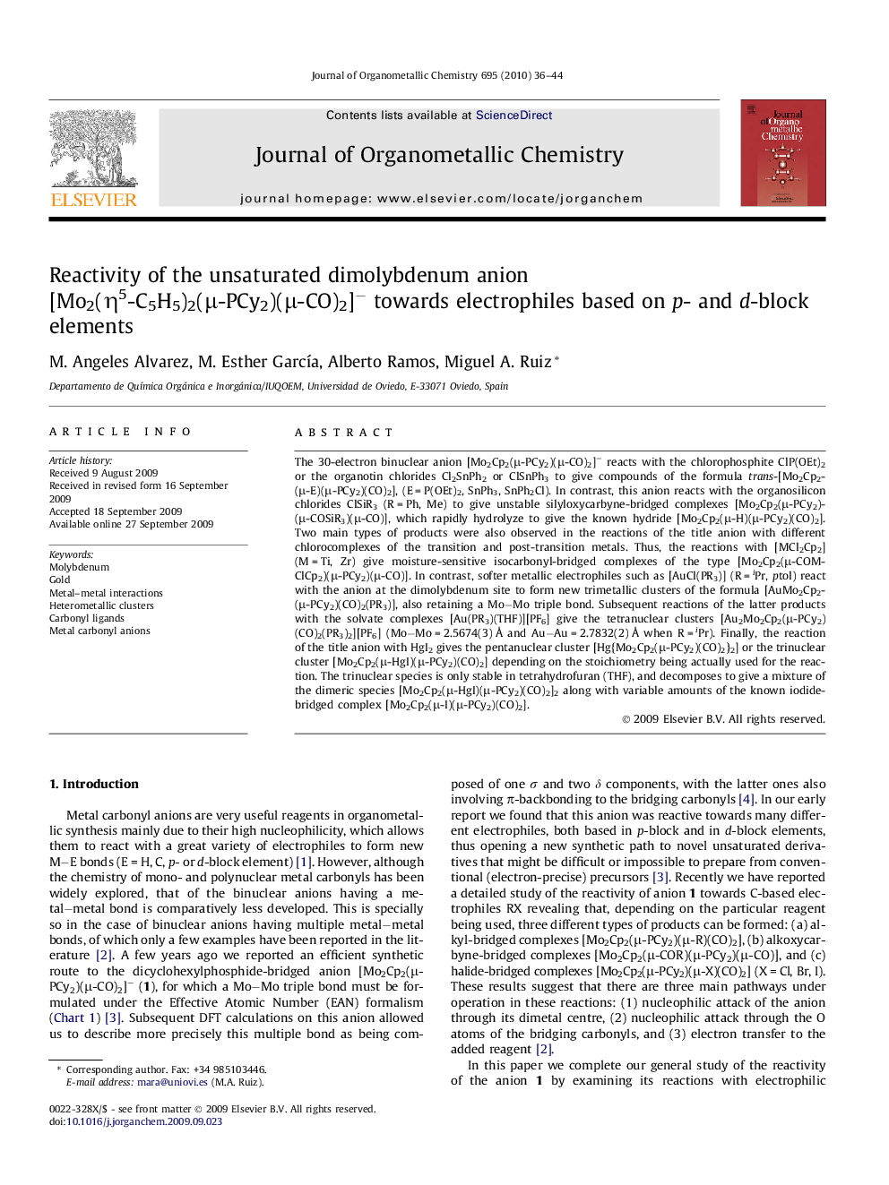 Reactivity of the unsaturated dimolybdenum anion [Mo2(Î·5-C5H5)2(Î¼-PCy2)(Î¼-CO)2]â towards electrophiles based on p- and d-block elements