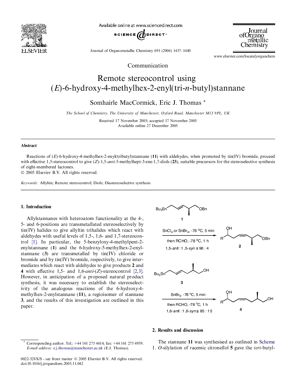 Remote stereocontrol using (E)-6-hydroxy-4-methylhex-2-enyl(tri-n-butyl)stannane