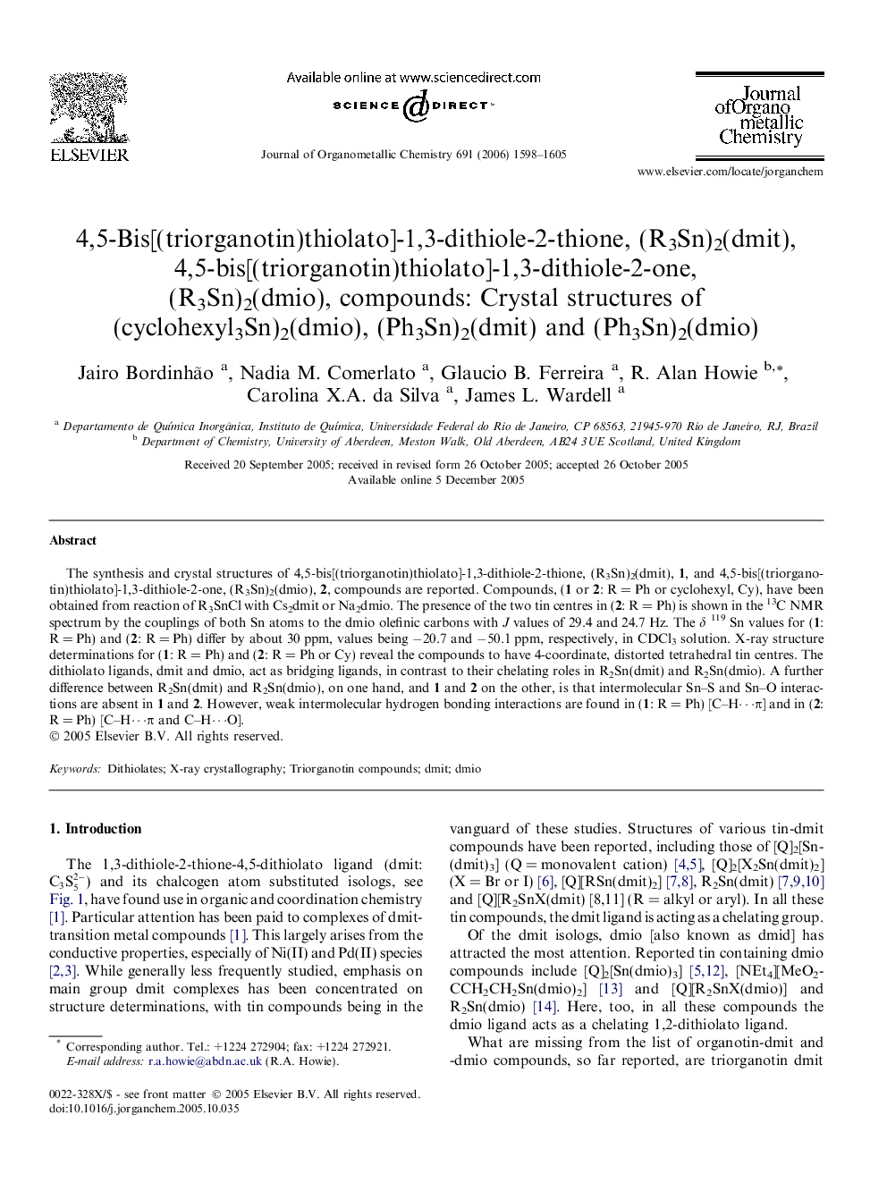 4,5-Bis[(triorganotin)thiolato]-1,3-dithiole-2-thione, (R3Sn)2(dmit), 4,5-bis[(triorganotin)thiolato]-1,3-dithiole-2-one, (R3Sn)2(dmio), compounds: Crystal structures of (cyclohexyl3Sn)2(dmio), (Ph3Sn)2(dmit) and (Ph3Sn)2(dmio)