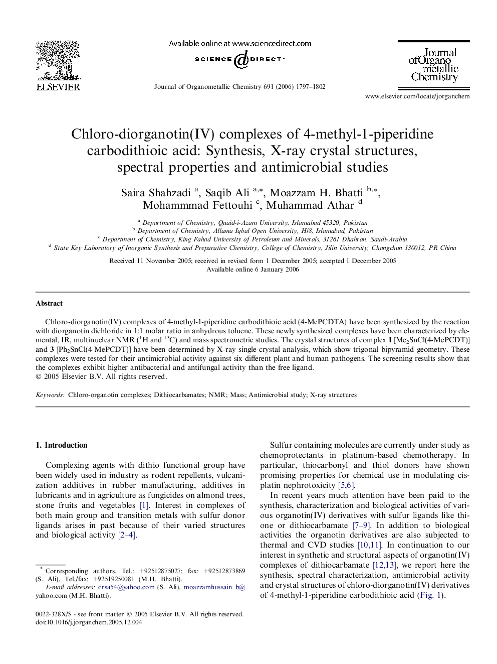 Chloro-diorganotin(IV) complexes of 4-methyl-1-piperidine carbodithioic acid: Synthesis, X-ray crystal structures, spectral properties and antimicrobial studies