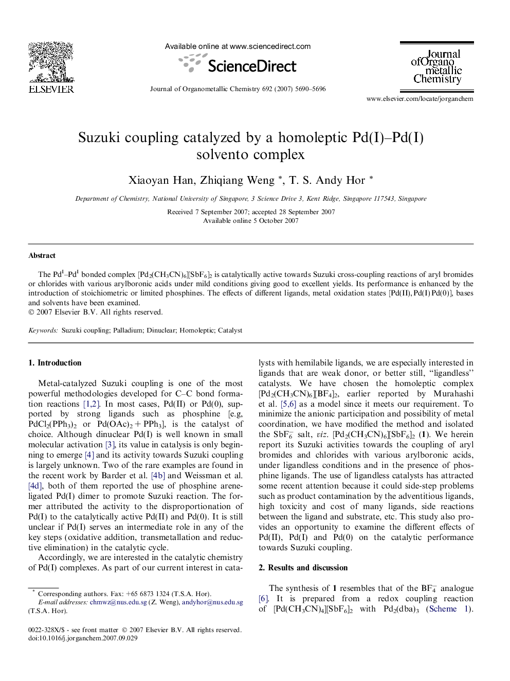 Suzuki coupling catalyzed by a homoleptic Pd(I)–Pd(I) solvento complex