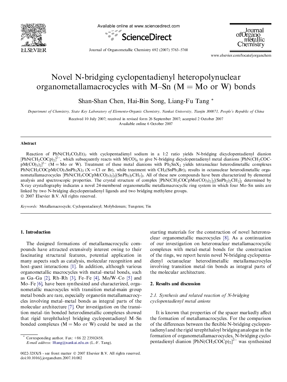 Novel N-bridging cyclopentadienyl heteropolynuclear organometallamacrocycles with M-Sn (MÂ =Â Mo or W) bonds