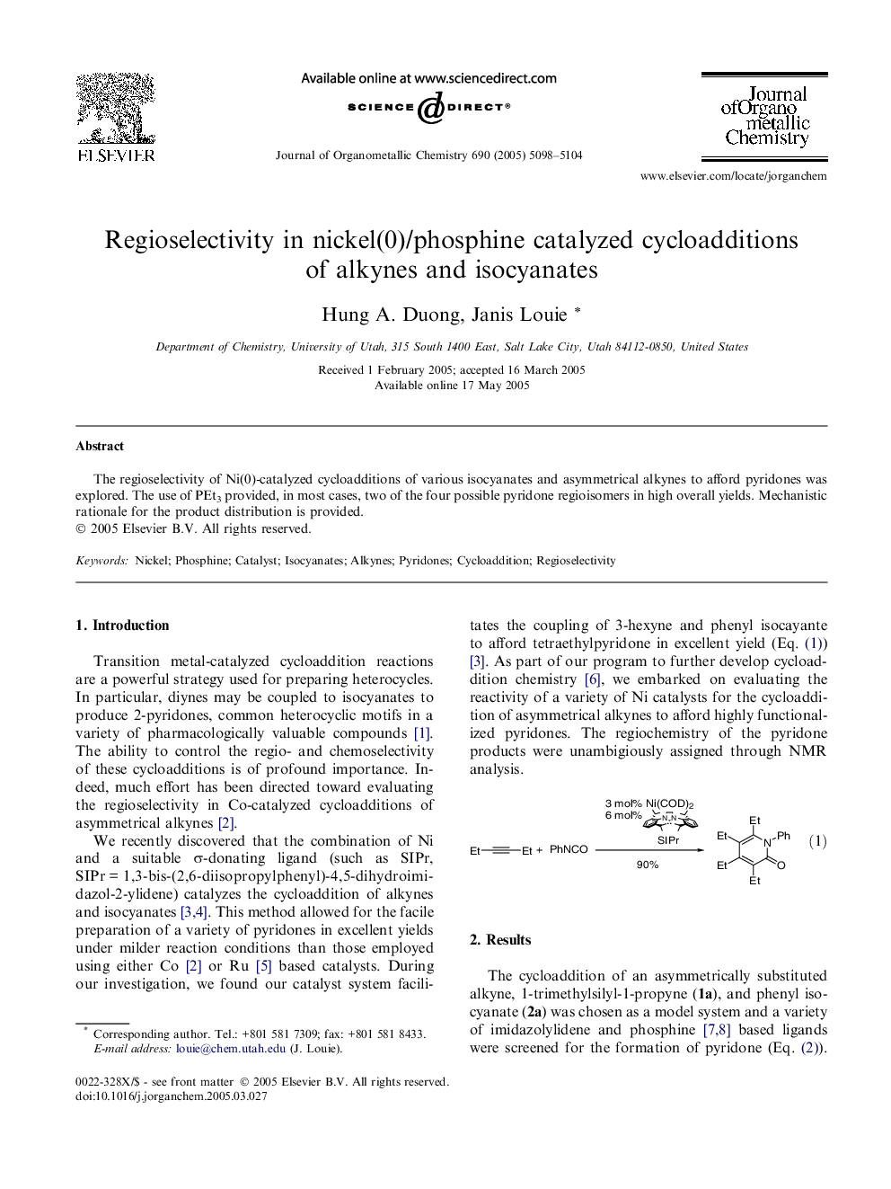 Regioselectivity in nickel(0)/phosphine catalyzed cycloadditions of alkynes and isocyanates