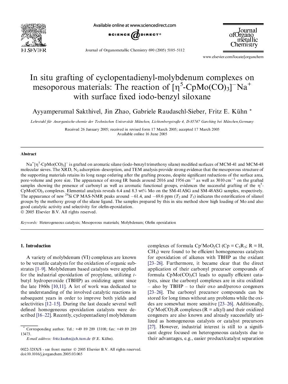 In situ grafting of cyclopentadienyl-molybdenum complexes on mesoporous materials: The reaction of [η5-CpMo(CO)3]−Na+ with surface fixed iodo-benzyl siloxane