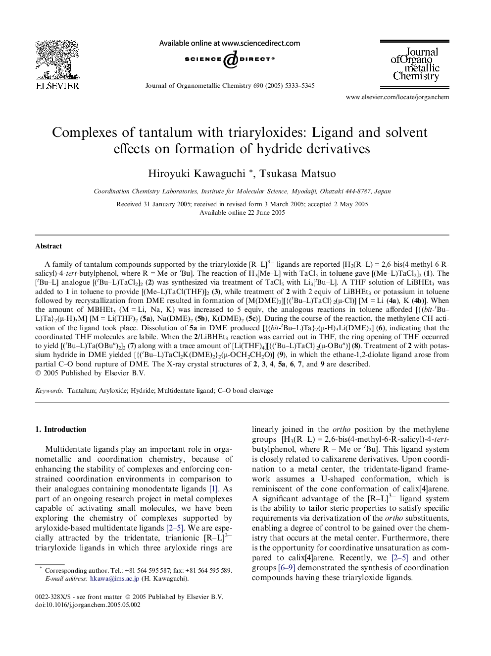 Complexes of tantalum with triaryloxides: Ligand and solvent effects on formation of hydride derivatives