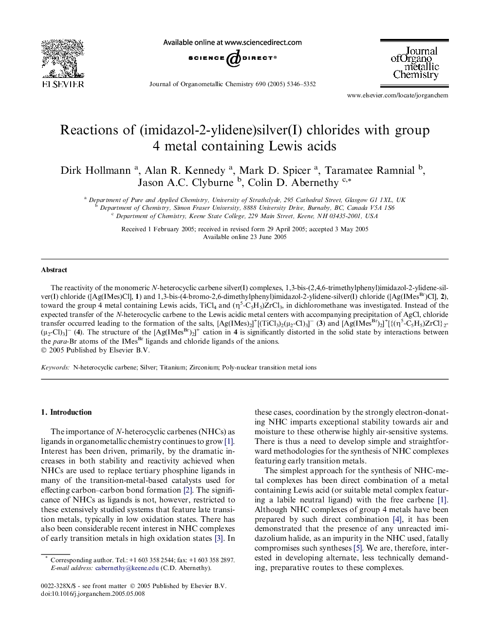 Reactions of (imidazol-2-ylidene)silver(I) chlorides with group 4 metal containing Lewis acids