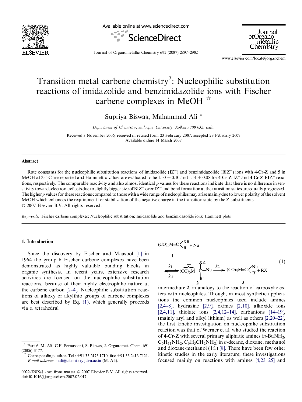 Transition metal carbene chemistry7: Nucleophilic substitution reactions of imidazolide and benzimidazolide ions with Fischer carbene complexes in MeOH 