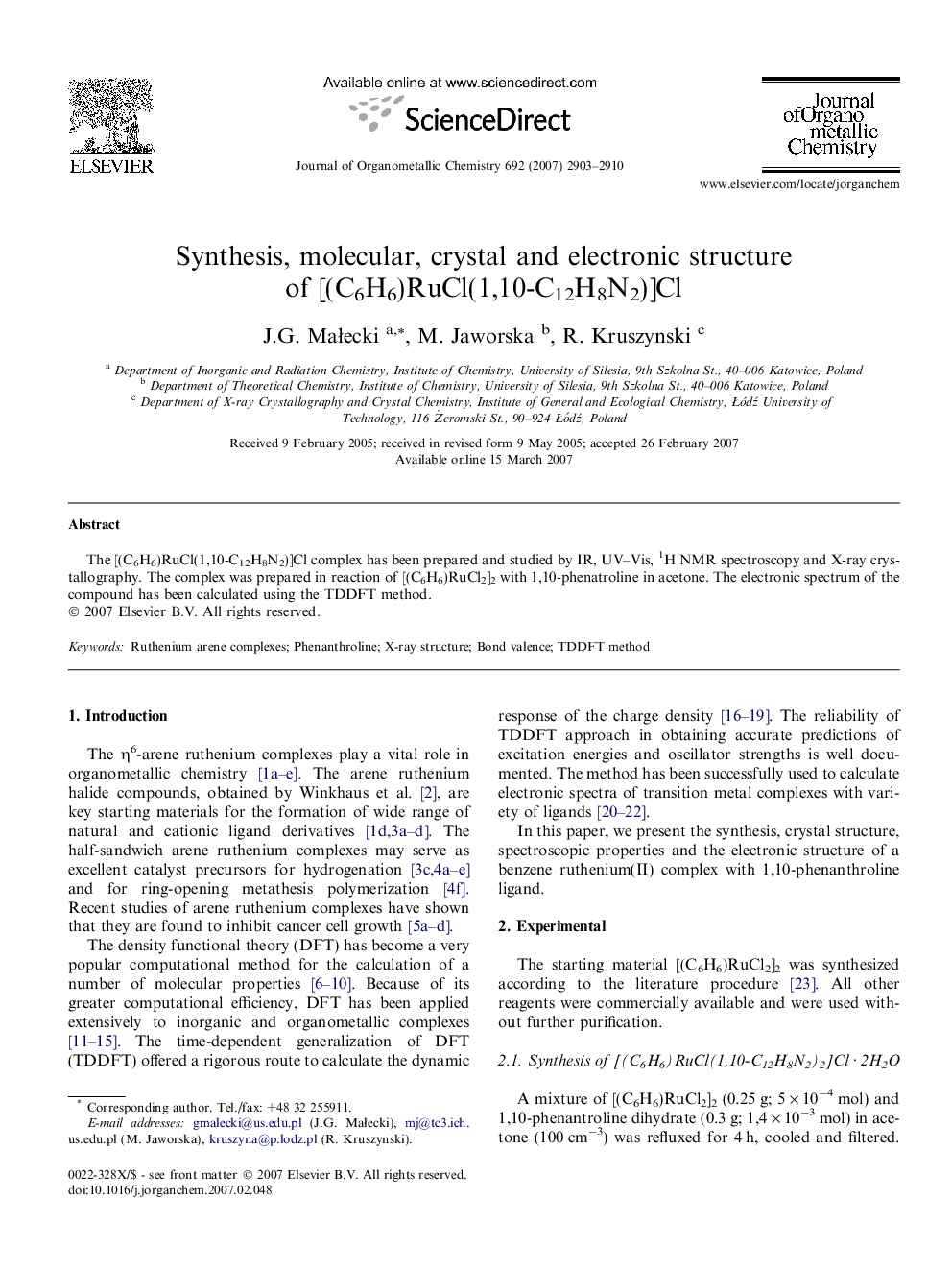 Synthesis, molecular, crystal and electronic structure of [(C6H6)RuCl(1,10-C12H8N2)]Cl