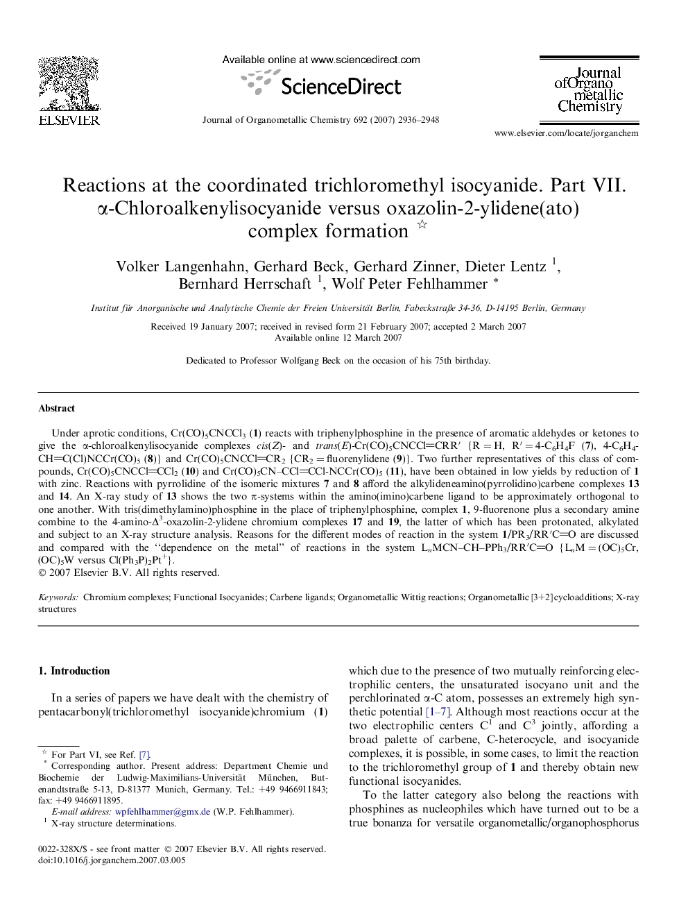 Reactions at the coordinated trichloromethyl isocyanide. Part VII. α-Chloroalkenylisocyanide versus oxazolin-2-ylidene(ato) complex formation 