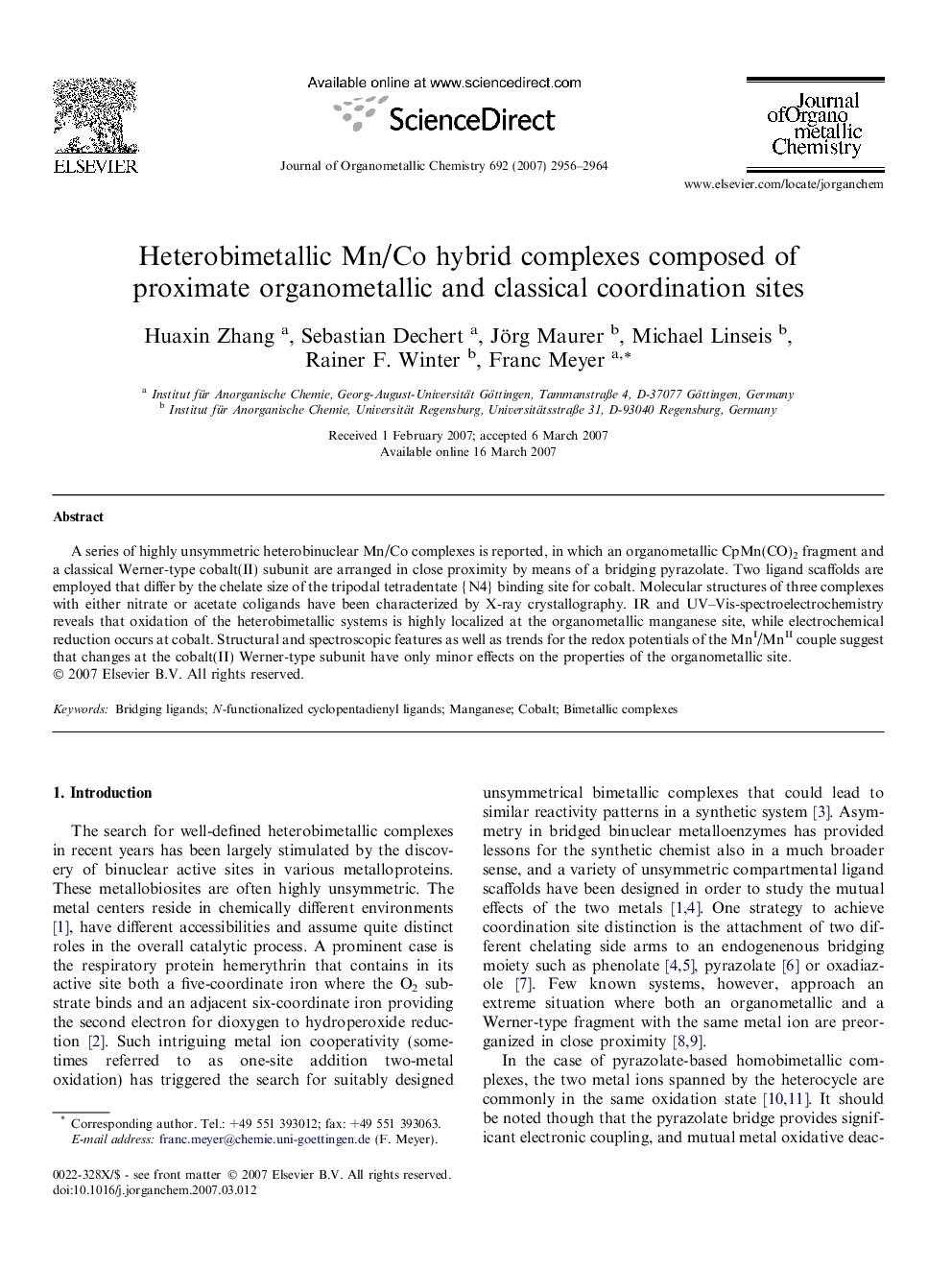 Heterobimetallic Mn/Co hybrid complexes composed of proximate organometallic and classical coordination sites